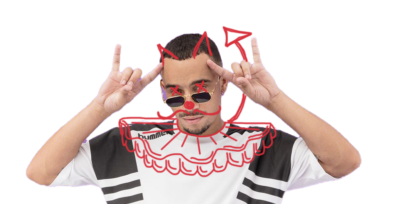 Image de Mister V avec des dessins gribouillés par-dessus : des cornes de diable, une moustache, un nez de clown et une collerette.