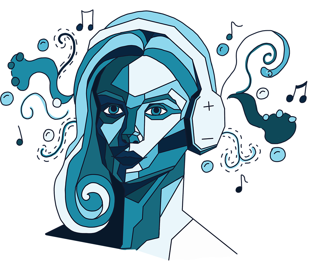 illustration géométrique et tout dans les tons bleus du buste d'une femme qui écoute de la musique dans un casque