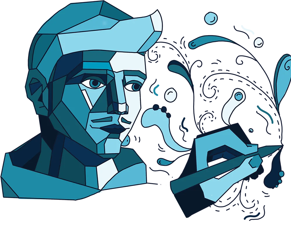 illustration géométrique et tout dans les tons bleus du buste d'un homme qui dessine avec un stylo